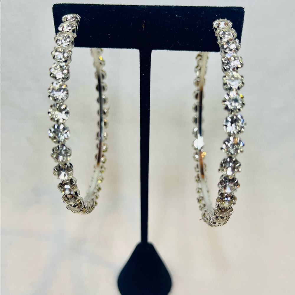 Sparkly Rhinestone 3 inch diameter Silver Gold Black Hoop Earrings